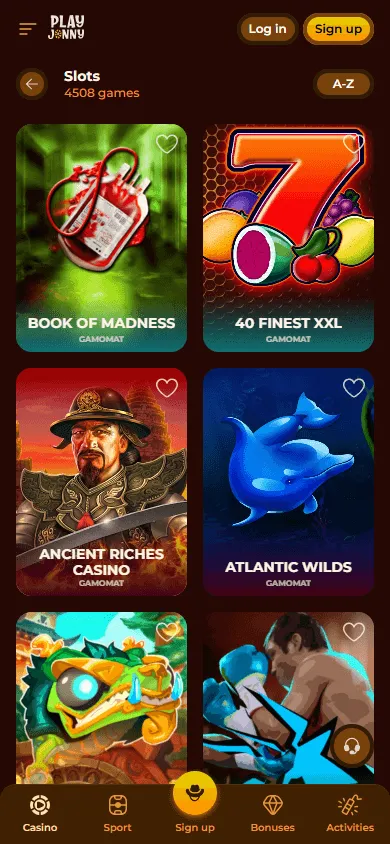 Playjonny Casino mobile games area with casino categories and browser-based play