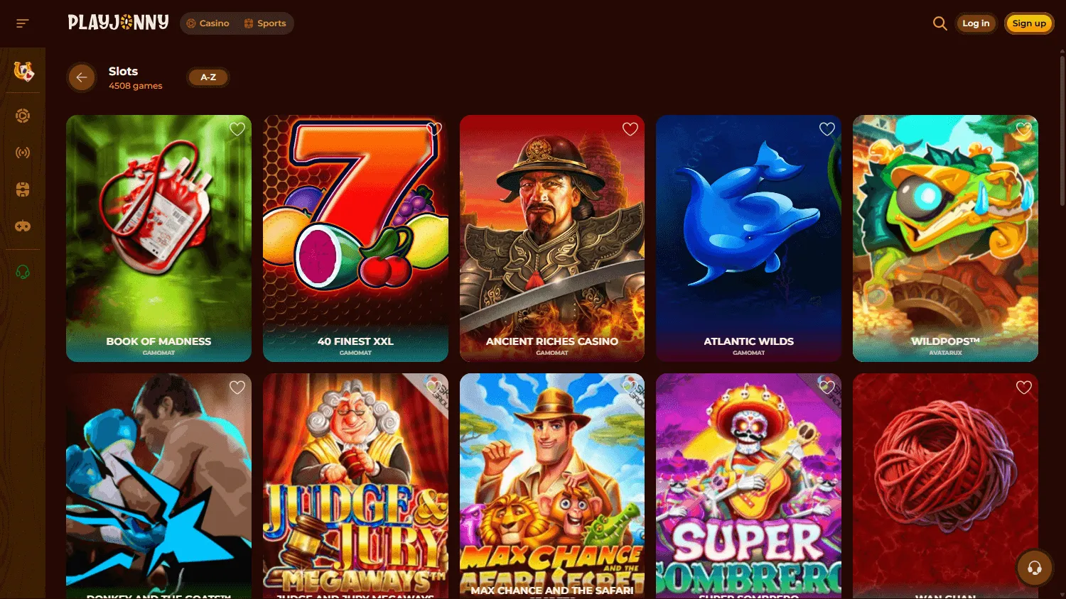 Playjonny Casino desktop games area with pokies, live casino and other game categories