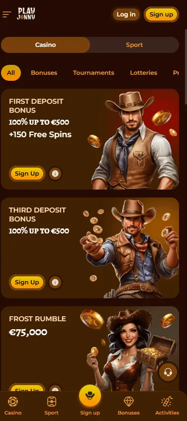 Playjonny Casino mobile promotions area with welcome offers and Activity Hub features