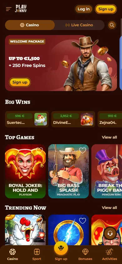 Playjonny Casino mobile home experience accessed through a browser