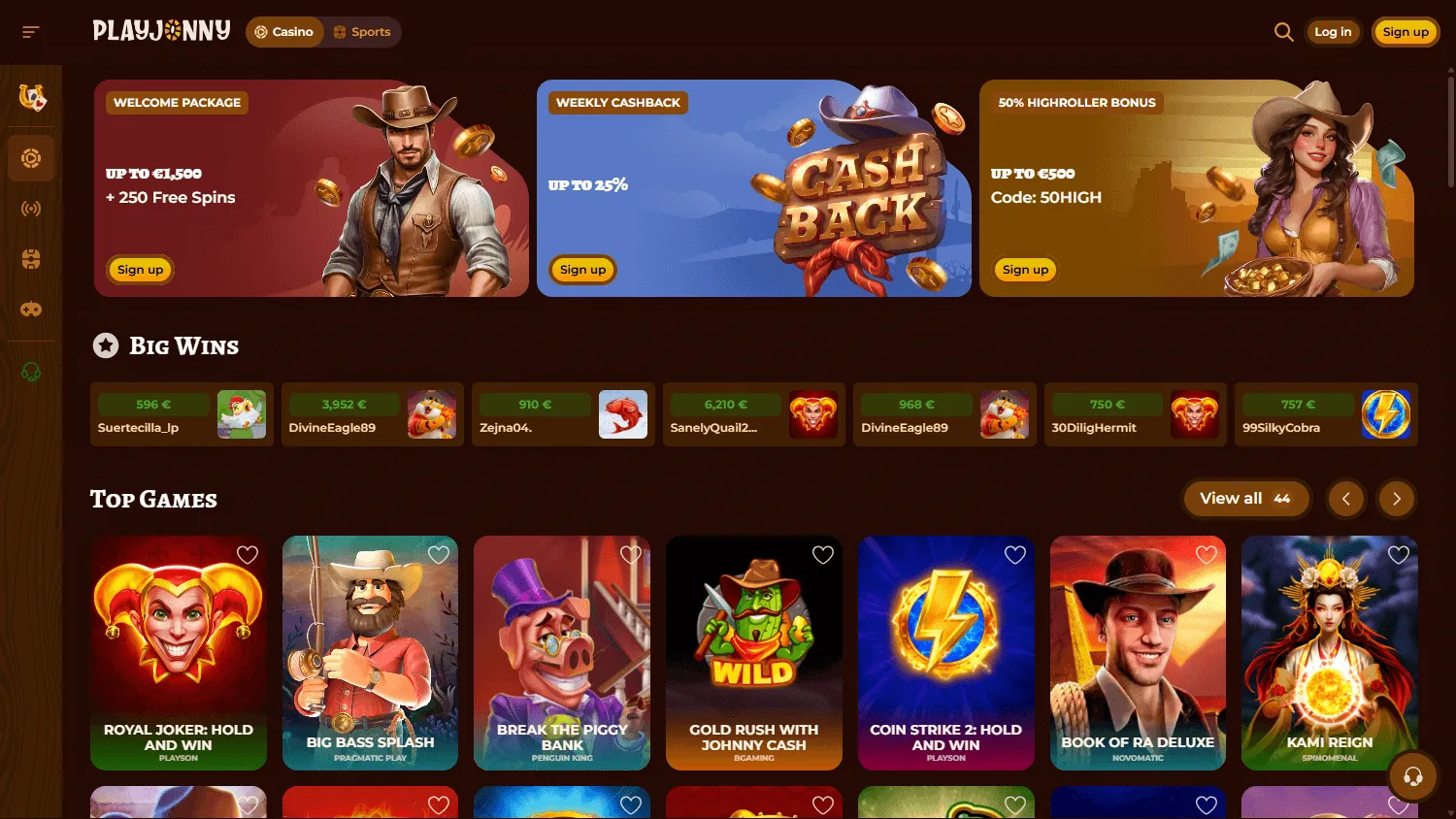 Playjonny Casino desktop home experience with casino access and account features