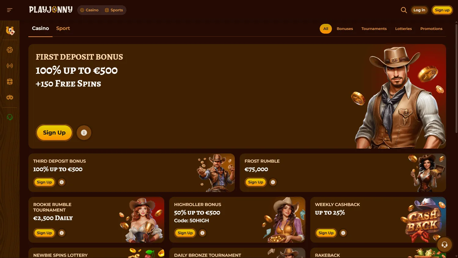 Playjonny Casino desktop promotions area with welcome and ongoing bonus offers